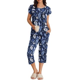 Ekouaer Womens Pajama Set Short Sleeve Sleepwear Pleated Floral Pjs Set Capri Pants Lounge Sets with Pockets S-XXL