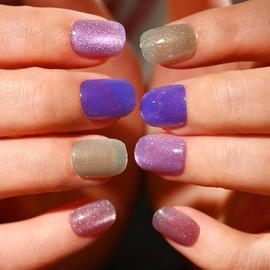 Sethexy Squoval Press on Nails Short - Colorful Cat Eye, Rainbow Design Acrylic Fake Nails for Women 15 Sizes - 30 Pcs Soft Gel Nails Kit with Glue