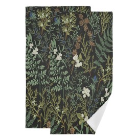 XALOGEER Botanical Print Floral Hand Towels for Bathroom Set of 2 Black Sage Green Spring Flower Plant Kitchen Towels Soft Absorbent Decorative Fingertip Towels Face Towel 14.4"x28.3"