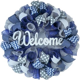 Front Door Welcome Wreaths - Mothers Day Gift - Burlap Everyday Year Round Outdoor Decor - Black Jute White - M5 (Welcome, Navy/Grey)