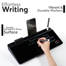 HURUC Small Glass Desktop Whiteboard with Storage,15.3"x7.08"x2.16" inch Desktop Dry Erase Board with Markers & Duster, Desk White Board Buddy Organizer for Home, Office, School (Black)