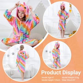 COOKY.D Unisex Bathrobes Toddler Animal Design Flannel Robe Boys Girls Nightgown Soft Hooded Sleepwear Pajamas with Pocket,Colorful 4-5 years