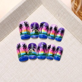 Coconut Tree Press on Nails Short Square Fake Nails with the Setting Sun Design Sunset Starry Sky Glue on Nails Inverted Image False Nails Glossy Reusable Summer Nails for Women Girls Manicure 24PCS