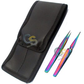 G.S Set of 2 Stainless Steel Multi Titanium Rainbow Color 3D Eyelash Extension Tweezers Straight + X Type SELF RETRACTING FINE Point Best Quality