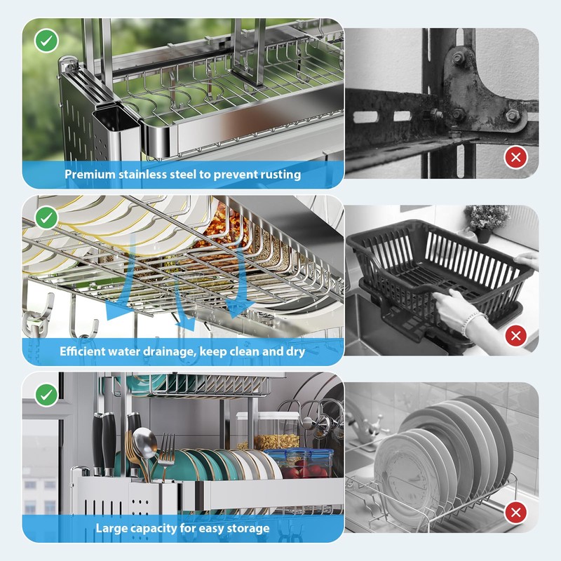 Upgrade 3 Tier Over Sink Dish Drying Rack Adjustable Width