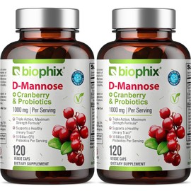 biophix D-Mannose 1000mg Capsules with Cranberry & Probiotics - D Mannose Supplements for Women - D-Mannose Pills for Urinary Tract & Bladder Health Support - Digestive Well-Being - 120 Vcaps 2 Pack
