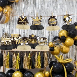 9Pcs Gold and Black Graduation Decorations Honeycomb Centerpieces, Class of 2025 Graduation Centerpieces for Tables, Congrats Grad Graduation Table Decorations Toppers