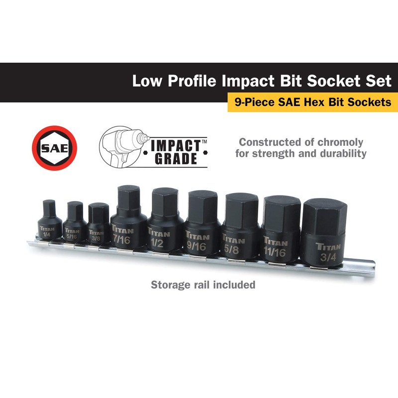 Titan 16140 9-Piece Low Profile Impact SAE Hex Bit Socket