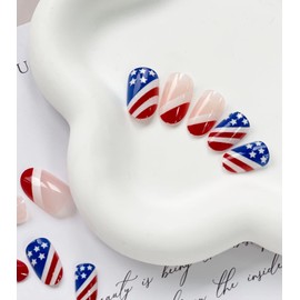 4th of July Press on Nails SWEKKE Extra Short Round French Tip Fake Nails Full Cover False Nails with American Flag Designs Glossy Acrylic Nails Artificial Nails for Women Girls 24 Pcs