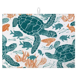 Sea Turtle Dish Drying Mat for Kitchen Counter Microfiber Absorbent Dish Cartoon Watercolor Painting Kitchen Drying Mat Draining Reusable Washable for Dishes/Utensils/Countertops/Sinks