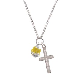 Delight Jewelry Hot Yellow Hibiscus Flowers Spinner - Strength and Dignity Engraved Cross Zoey Necklace, 28"