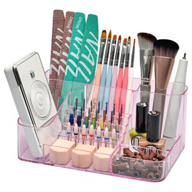 CGBE Nail Drill Holder, 28 Holes Transparent Acrylic Drill Bit Holder for Nails, Professional Nail Tool Organizer and Nail Desk Organizer -Pink (Not Including Nail Drill Machine & Bit)