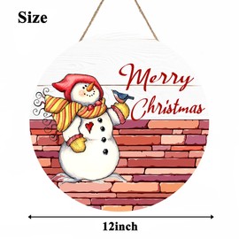 Snowman Hanging Round Wood Sign Round Christmas Snowman Sign Wooden Decor,Home Front Door Round Wooden Hanging Sign For Outdoor Porch Indoor Decor 12x12inch