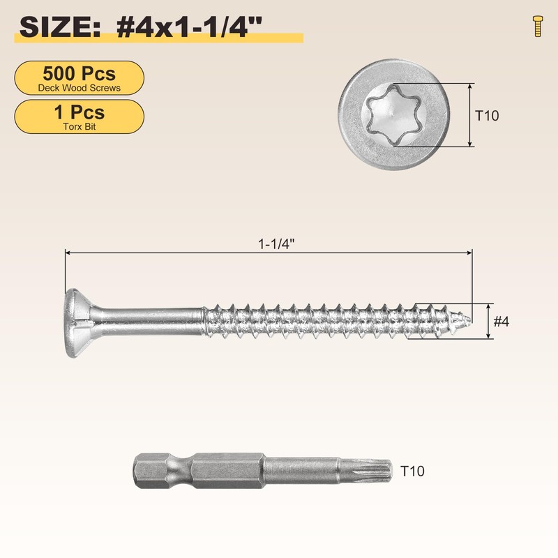 METALLIXITY Deck Screws (#4x1-1/4) 500Pcs, Carbon Steel Wood Screw Decking