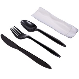 Daxwell Plastic Cutlery Kits, Medium Weight Polypropylene, Fork, Knife, Spoon, Napkin, Black, B10002995 (Case of 250)
