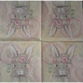 2 individual Paper BEVERAGE NAPKINS -BUNNY FLOWERS PINK CUTE
