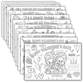 Valentine's Day Placemats for Kids (Pack of 12 Valentine Placemats) - Coloring Activity Paper Mats for Kids Table - Disposable Bulk Bundle Set (12 Paper Placemats)