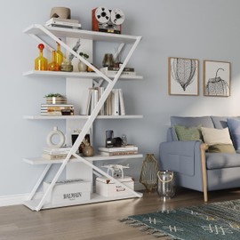 FUSUNBAO 5-Tier Wooden and Metal Frame Bookshelf,Vintage Industrial Modern Style Tall Bookcase,72 "H x 12 "W x 47" L,Rustic Large Wooden Shelf,Display Shelf for Home Office,White