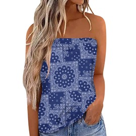 IWOLLENCE Women's Paisley Tube Tops Western Aztec Graphic Backless Strapless Top Sleeveless Bandeau Tanks Shirt Flowy Beach Coverups Navy Ethnic Kerchief, M