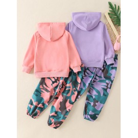Jolyshlid Girls 4 Pieces Printed Long Sleeve Athletic Pullover Hooded Top and Jogger Camouflage Pants 5-6Y