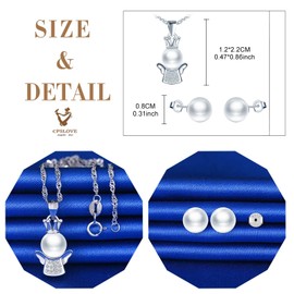 CPSLOVE Pearl Necklace and Earrings for womens and girls, 925 Sterling Silver Jewellery Sets, Little angel white pearl necklace pendant, Inlaid zircon, Pearl earrings studs