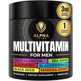 Alpha Tribe Multivitamin for Men with Seamoss Black Seed Oil Ashwagandha Burdock Root, Turmeric Bladderwrack, Vitamin C, Elderberry, Manuka, Yellow Dock | Daily Men's Vitamins and Minerals Supplement