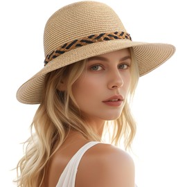 LEVOTIYER Beach Hats for Women, Wide Brim Sun Straw Hat for Women, UV Protection UPF 50+ Sun Hats, Collapsible Roll up Cap Beige