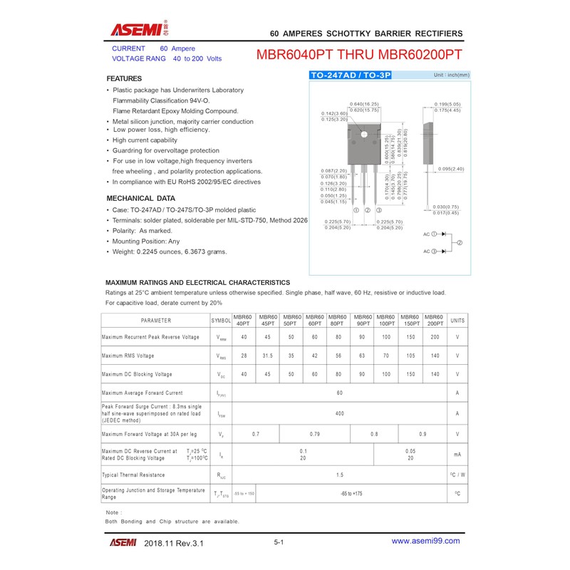 MBR60200PT ASEMI Schottky Barrier Diode TO-247 / 3P Package 60A