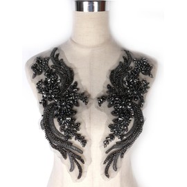 Hand-Made Beaded Rhinestons DIY Clothing Appliques Patch,Beaded Applique for Wedding Dress Decoration,Rose Gold/Pink/Silver/Red/Black Flower Applique by Pair (Gray)