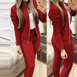 amropi Women's 2 Piece Tracksuit Plaid Sweatsuits Sets Zipper Sweatshirt and Jogging Sweatpants Suit Red, L