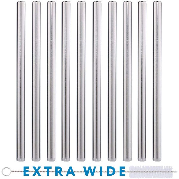 10 Pack Boba Straws In Stainless Steel - Reusable Metal Straws Best For Drinking Bubble/Boba Tea, Smoothies, Shakes - Extra Wide 0.5’’ And 8.5” Long - Comes With Cotton Storage Bag And Cleaning Rod