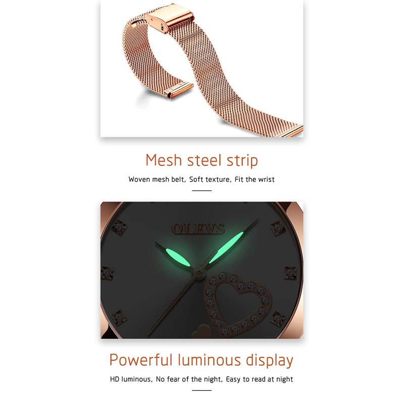 OLEVS Women's Rose Gold Watches Heart Diamond Japanese Quartz Movement