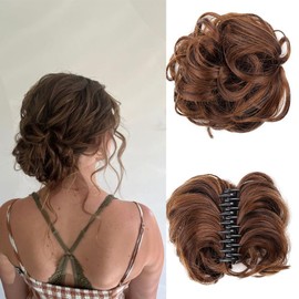XUENMB Mini Claw Messy Bun Hair Pieces for Women Clip in Ponytail Hair Extensions Big Claw Clip Curly Hair Wig Fake Bun Hair for Daily Party (big clip-light brown)