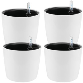 HEIHAK 4 Pack 7 Inch Self Watering Planter for Indoor Plants, White Decorative Round Plastic Self Watering Pots with Level Indicators for Soil Planting, Flowers, Herb, African Violet, Succulent