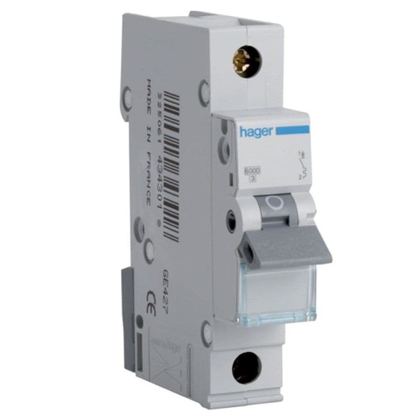 Hager MTN120 Miniature Circuit Breaker, 1 Pole, 1 Module, Type B, 6 kA Breaking Capacity, 20 A Current