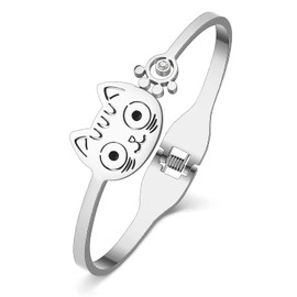 YAYAKO Fishbone Cat Bracelet Bangle Stainless Steel 18k Gold Bracelet for Women Girls Jewelry Dainty Bracelet Charms Cat Gifts (Silver Cat Bracelet)