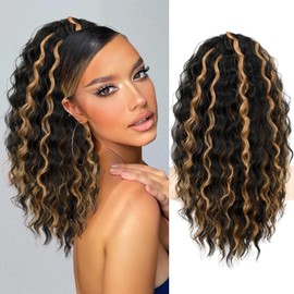 KooKaStyle Curly Ponytail Extension Fluffy Drawstring Ponytail Hair Extensions for Women Long Kinky Curly Wavy Pony Tail Synthetic Hairpiece for Daily Use(18Inch Black with Ginger Highlights)