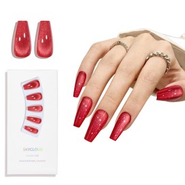 Dark Red Cat Eyes Press On Nails,12 Sizes-24 Pcs Soft Gel Red Medium Coffin Fake Nails Kit with Nail Glue, Natural Reusable Stick On False Nails for Women and Girls SK1000