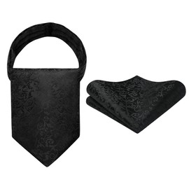 HISDERN Mens Black Cravat and Pocket Square Set Paisley Silk Cravats Ascot Tie with Handkerchief for Wedding Party Business