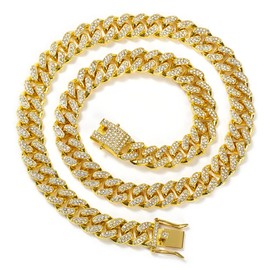 Cuban Link Chain for Men Women, Fashion Cuba Crystal Gold Chain, Stainless Steel Long Chain with 24’’