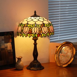 Tiffany Lamps Pink Tulip Style Stained Glass Table Lamp Desk Bedside Reading Light 12X12X18.5 Inches with Bronze Resin Base Applicable to Bedroom Living Room Office