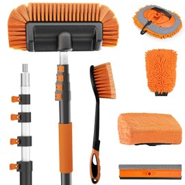 Buyplus 18FT Reach Car Wash Brush with Long Handle - Car Cleaning Kit with 3-12FT Extension Pole, Wheel Brush, Microfiber Cleaning Mop, Mitt, Window Squeegee for RV Truck SUV Boat Solar Pane Washing