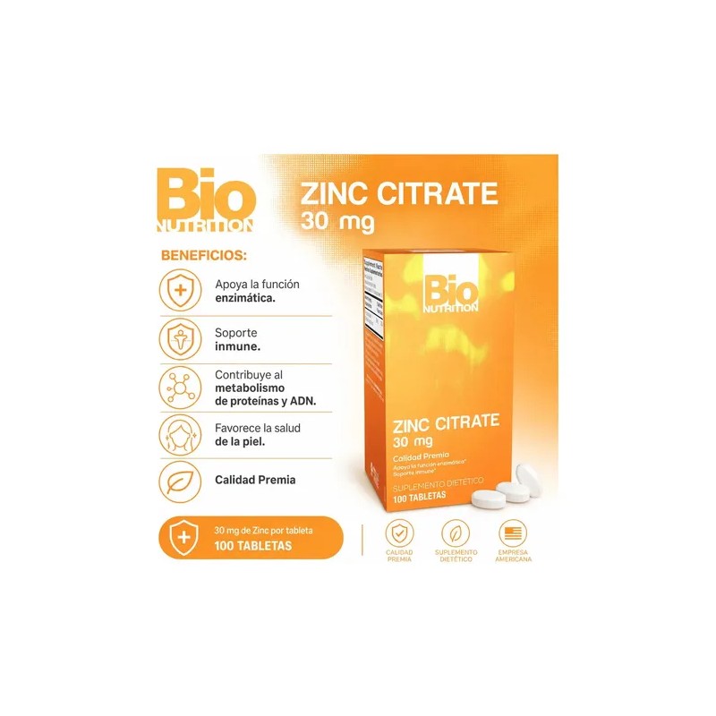 Citrato De Zinc 30mg 100 tabletas Bio Nutrition