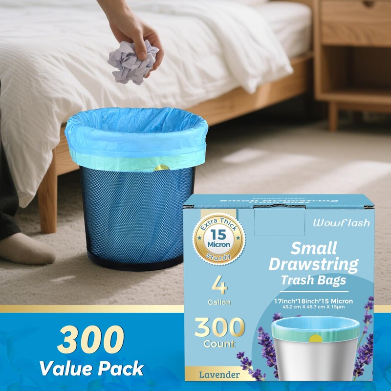 300 Count 15 Micron Extra Thick 4 Gallon Drawstring Small