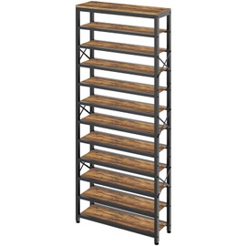 YATINEY 12-Tier Tall Shoe Rack Organizer, Wooden Shoe Storage for Closet Holds 48 Pairs, Sturdy Shoe Shelf with X-Shaped Metal Support, for Entryway, Bedroom, Rustic Brown and Black SS212BR