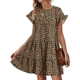 Imysty Womens Boho Floral Ruffle Sleeve Babydoll Loose Flowy Casual Summer Pleated Mini Dress Leopard