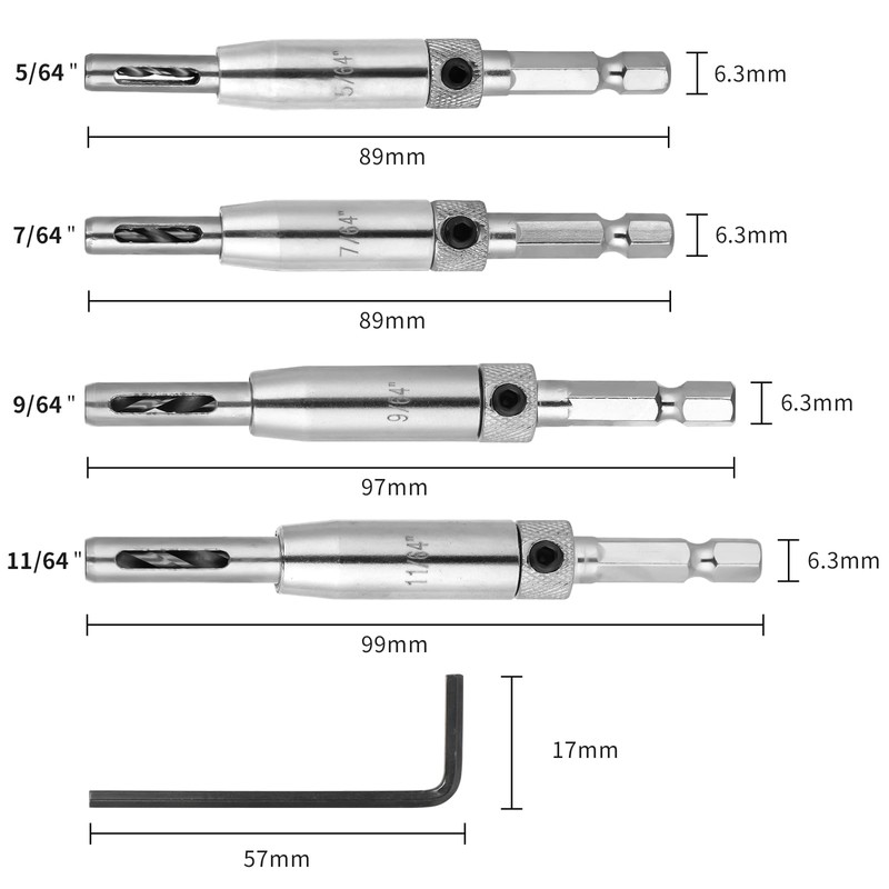 Self Centering Drill Bit Set 11/64",9/64",7/64", 5/64", for #10#8#6#4#2 Screws