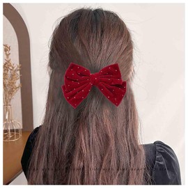 Allereyae French Red Velvet Bow Hair Barrette Large Bow Hair Clips Big Velvet Hair Bow Satin Bowknot Hairclips Decorative Hair Accessories Jewelry for Women Headdress(Red2)