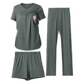 Rnxrbb 3 Piece Women's Maternity Nursing Pajamas Set V Neck Breastfeeding Pjs Sleepwear Postpartum Shorts&Pants Pockets, Cyangray, XX-Large