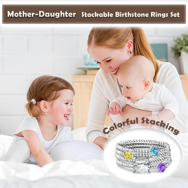 Tufeney Stackable Birthstone Rings Set for Women: 925 Sterling Silver